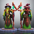 Wizard Characters With Green Robes Pointed Hats Magic Staffs And Glowing Gems On Stone Bases