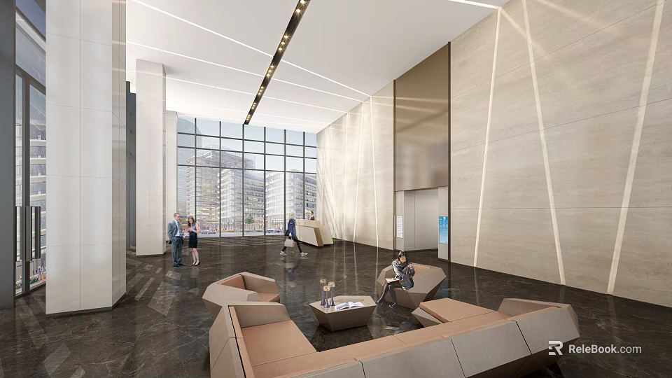 Modern Lobby Interior With Large Windows Marble Walls And Sofas 3d model
