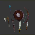 Fantasy Medieval Weapons Display Featuring Shield Axe Sword Bow Staff And Dagger 3d model
