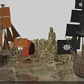 Realistic Micro Terrain Model With Sand Rocks Ship And Lighthouse Elements