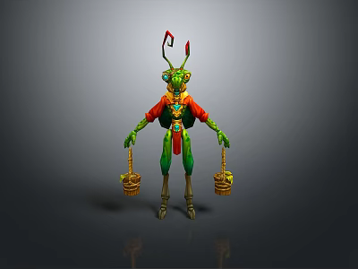 Green Insectoid Fantasy Character With Red Green Attire Holding Baskets And Antennas On Head 3d model