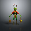 Green Insectoid Fantasy Character With Red Green Attire Holding Baskets And Antennas On Head