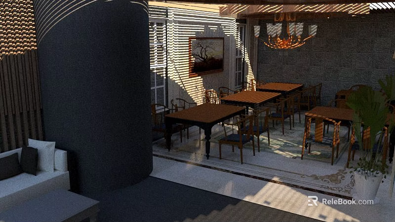 Cozy Restaurant Interior With Wooden Tables Chairs Chandelier Natural Light And Decorative Painting 3d model 