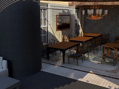 Cozy Restaurant Interior With Wooden Tables Chairs Chandelier Natural Light And Decorative Painting 3d model