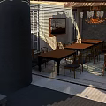 Cozy Restaurant Interior With Wooden Tables Chairs Chandelier Natural Light And Decorative Painting