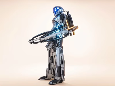 Game Movie Character In Mechanical Armor With Blue Glowing Helmet And Circular Device 3d model