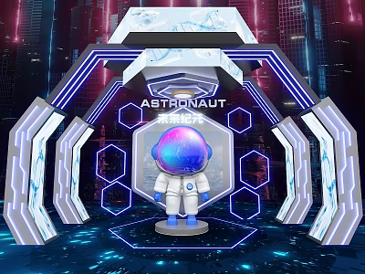Futuristic Event Portal Featuring Astronaut Figure And Neon City Backdrop 3d model