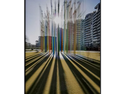 Abstract Painting Of Colorful Vertical Lines With Sunlight Shadows And Urban Buildings On Grass Field 3d model