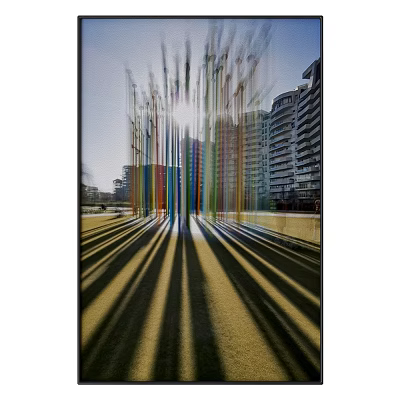 Abstract Painting Of Colorful Vertical Lines With Sunlight Shadows And Urban Buildings On Grass Field 3d model
