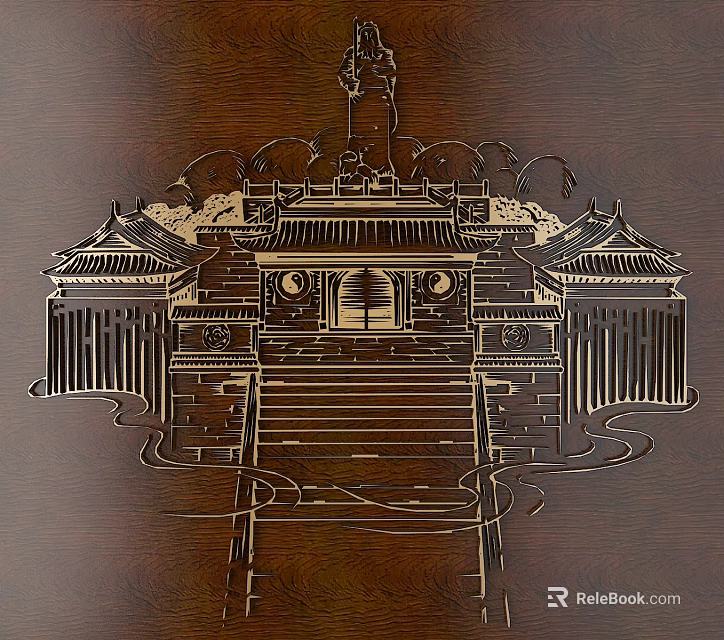 Intricate Chinese Architectural Wood Carving On Dark Wood With Traditional Gateway And Steps 3d model 