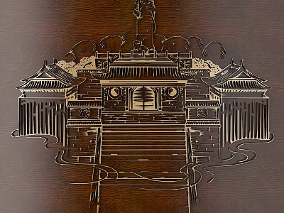 Intricate Chinese Architectural Wood Carving On Dark Wood With Traditional Gateway And Steps 3d model