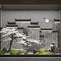 Traditional Chinese Feature Wall With Architectural Eaves Round Moon Cherry Blossom Tree And Greenery