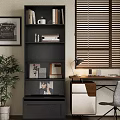 Modern Wooden Bookcase Near Desk With Vinyl Records Photo Frames Decorative Items And Plant