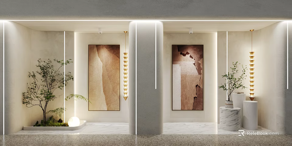 Stylish Modern Window Display Featuring Decorative Paintings Potted Plants And Soft Lighting 3d model