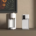 Modern Style White Kitchen Appliances With Gold Accents On Gray Countertop And Floral Wall Decor