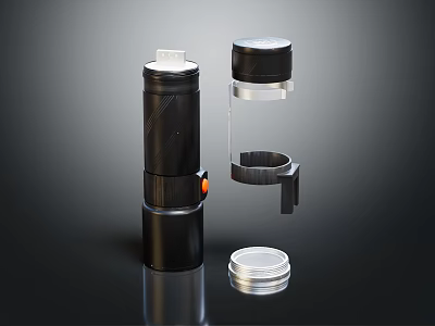 Disassembled Device Components With Black Cylindrical Body Transparent Tube Metal Ring Knob And Lid 3d model