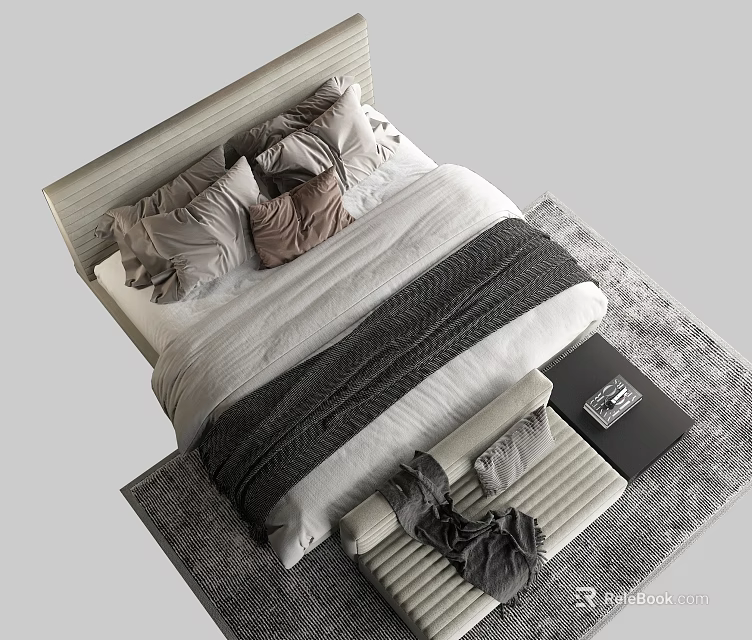 Modern Double Bed Interior With Gray Brown Pillows Striped Blanket And Bench On Rug 3d model 
