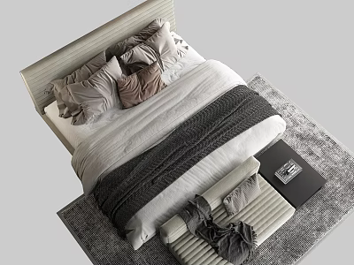 Modern Double Bed Interior With Gray Brown Pillows Striped Blanket And Bench On Rug 3d model