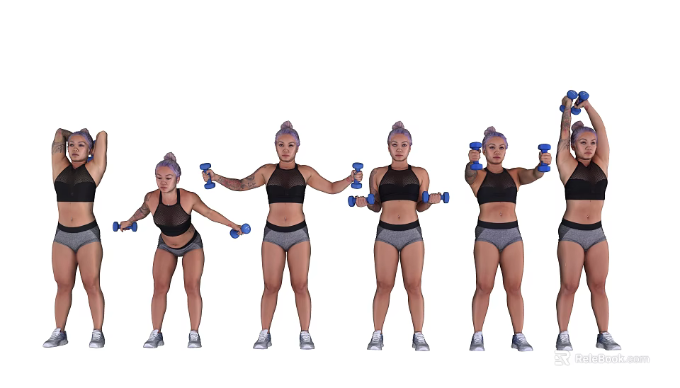 Woman Performing Multiple Dumbbell Workout Exercises With Arm Movements And Poses 3d model 