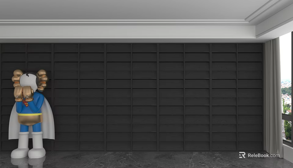 Dark Wooden Slat Wall With Gold Head Sculpture Blue White Body On Marble Floor 3d model 