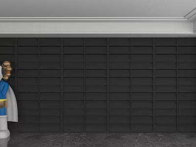 Dark Wooden Slat Wall With Gold Head Sculpture Blue White Body On Marble Floor 3d model