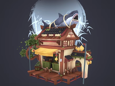 Vibrant Cartoon Scene With Traditional Chinese House Shark On Roof Bamboo And Hanging Lanterns 3d model
