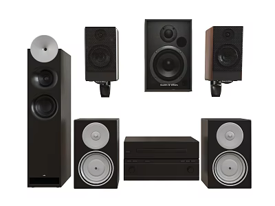Modern Dark Wood Audio Speakers System With Floor Standing Bookshelf And Amplifier 3d model