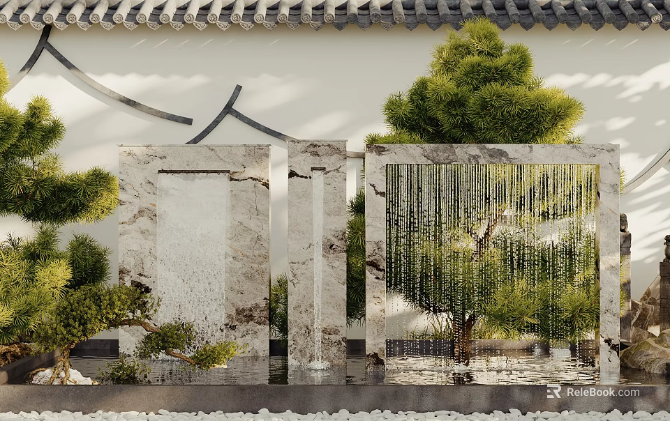 Courtyard Garden With Marble Stone Screens Hanging Water Curtain And Lush Pine Trees 3d model 