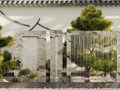 Courtyard Garden With Marble Stone Screens Hanging Water Curtain And Lush Pine Trees 3d model