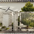 Courtyard Garden With Marble Stone Screens Hanging Water Curtain And Lush Pine Trees