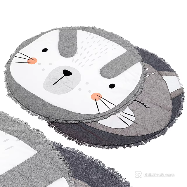 Round Gray and White Cartoon Cat Pattern Carpet with Fringed Edge 3d model 