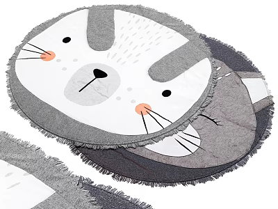 Round Gray and White Cartoon Cat Pattern Carpet with Fringed Edge 3d model
