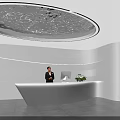 Modern White Curved Reception Desk With Wavy Walls Decorative Ceiling Green Plants And Staff Member