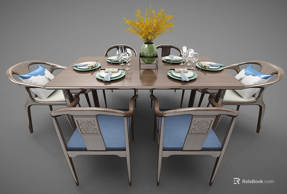 Traditional Dining Table Set With Carved Blue Cushioned Chairs Tableware Wine Glasses Yellow Flower Vase 3d model 