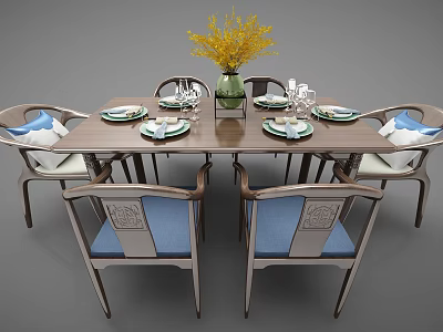 Traditional Dining Table Set With Carved Blue Cushioned Chairs Tableware Wine Glasses Yellow Flower Vase 3d model