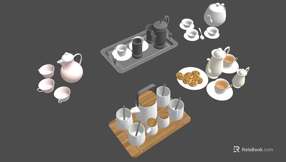 Modern Ceramic Tea Set with Teapot Teacups Wooden Tray and Cookies 3d model 