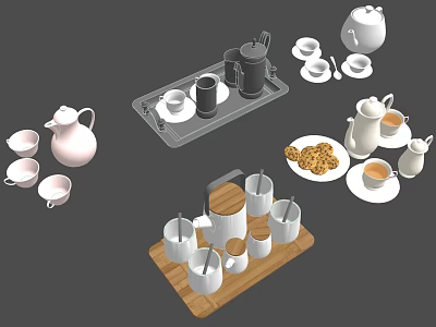Modern Ceramic Tea Set with Teapot Teacups Wooden Tray and Cookies 3d model