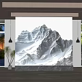 3D Mountain Textured Background Wall Modern Interior With Wooden Floor Large Windows And Pendant Lights