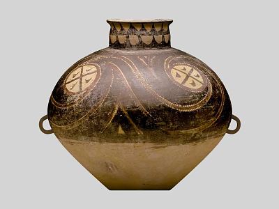 Traditional Ceramic Vessel With Black Beige Color Geometric Patterns And Double Handles 3d model