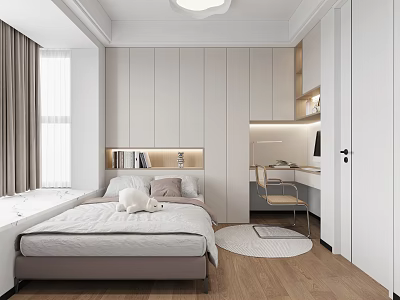 Minimalist Tatami Bedroom Interior Design With Built-in Storage Desk Area Wooden Flooring And Natural Light 3d model