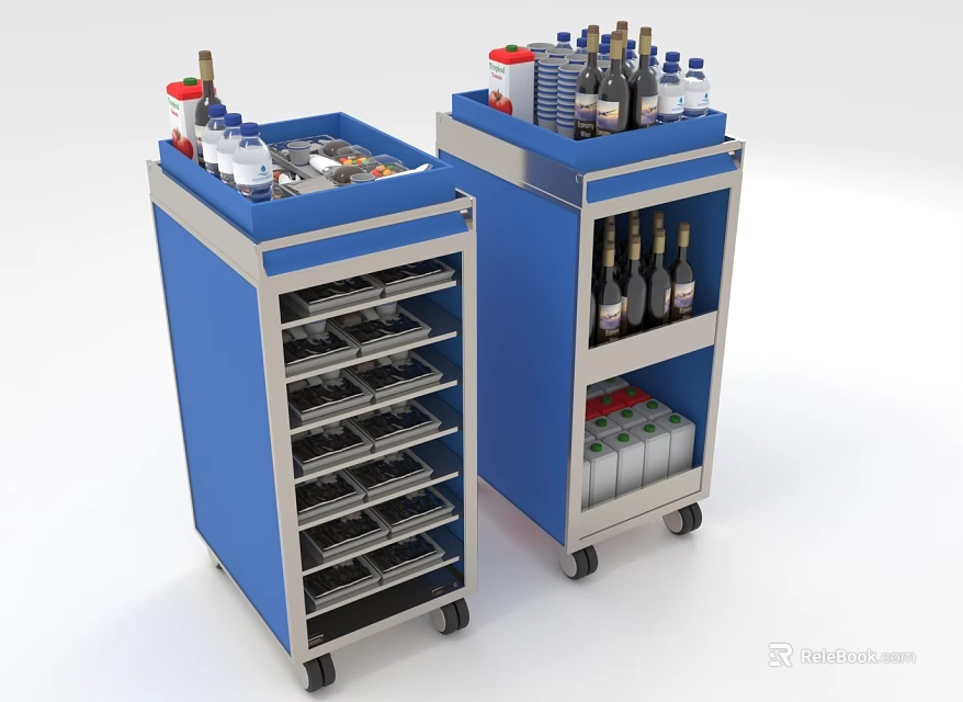 Airplane In Flight Blue Food Trolley With Multiple Shelves And Bottled Drinks 3d model 