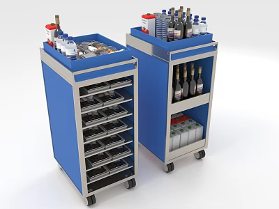 Airplane In Flight Blue Food Trolley With Multiple Shelves And Bottled Drinks 3d model