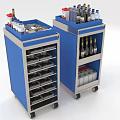 Airplane In Flight Blue Food Trolley With Multiple Shelves And Bottled Drinks