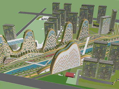 Modern Urban Cityscape With Unique Skyscrapers Rivers And Green Spaces 3d model