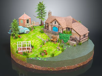 Cartoon Scene with Cute Cottages Green Trees Blue Car Garden Pond and Watermill 3d model