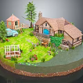 Cartoon Scene with Cute Cottages Green Trees Blue Car Garden Pond and Watermill