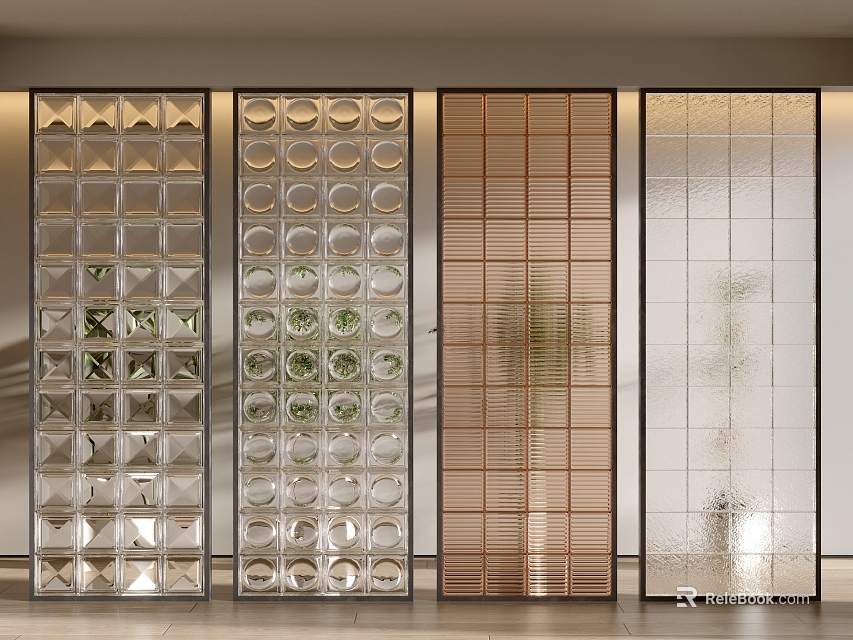 Modern Decorative Room Dividers With Geometric Glass Panels And Wooden Grille Designs 3d model 