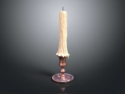 Burned Candle On Copper Candlestick Holder With Melted Wax Dripping Design 3d model