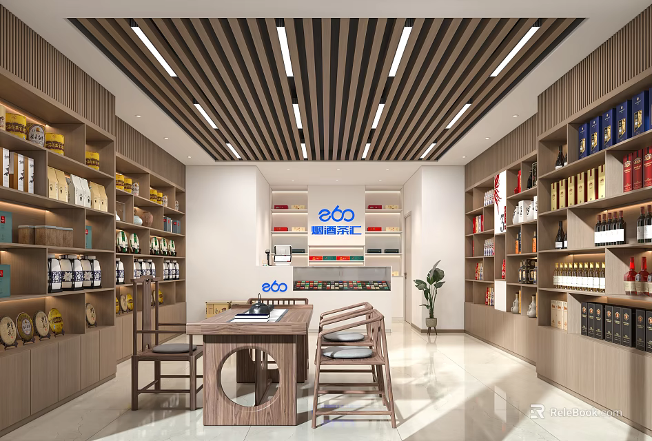 Modern Tobacco And Liquor Store Interior With Wooden Shelves Stocked Products Lighting And Table 3d model 