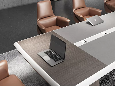 Modern Office Table and Chair Set with Leather Chairs Wooden Desk and Laptop 3d model